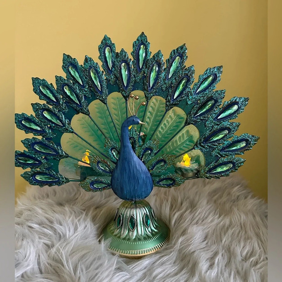 Glass and metal peacock tea light flameless candle holder - Picture 2 of 3